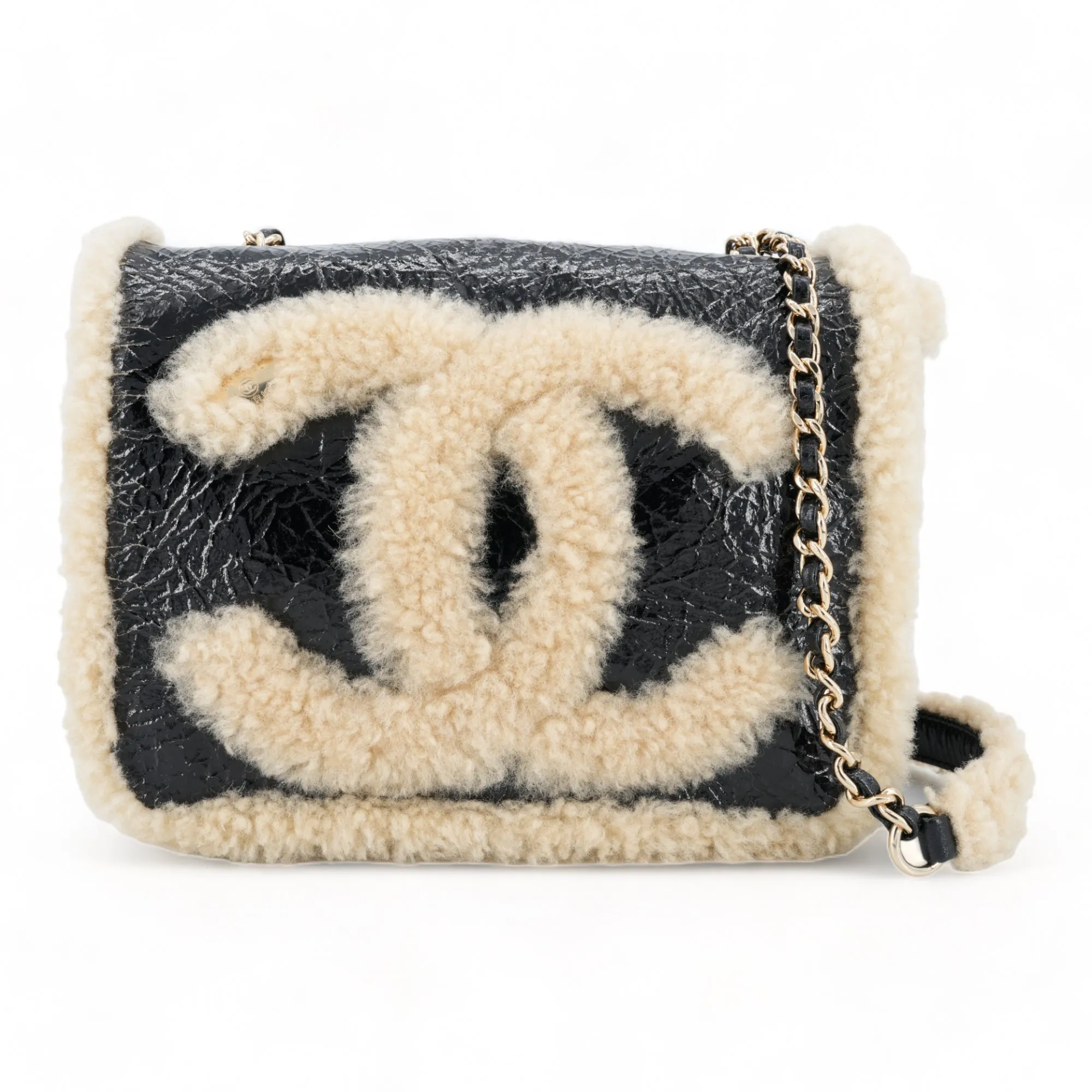 19K Beige CC Crumpled Shearling Flap Bag