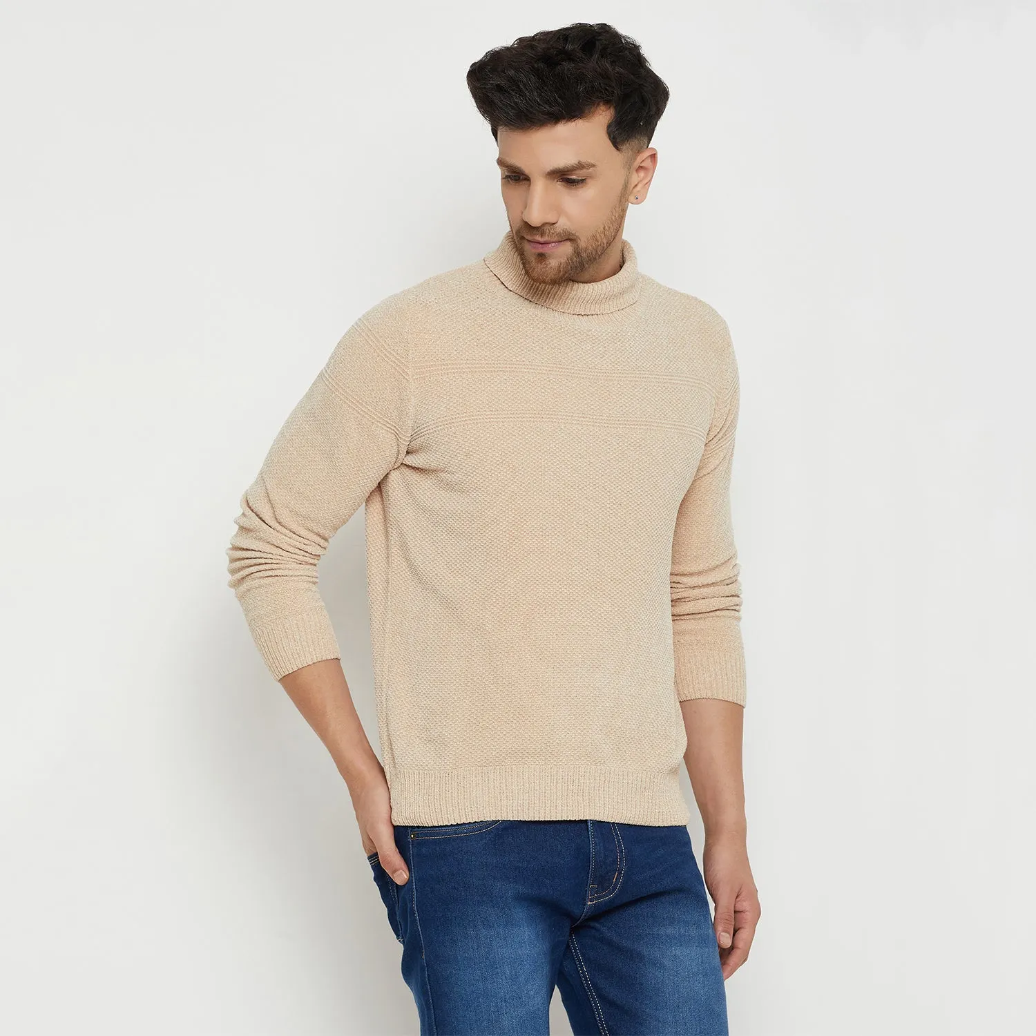 Camla Barcelona Solid Beige Turtleneck Sweater For Men