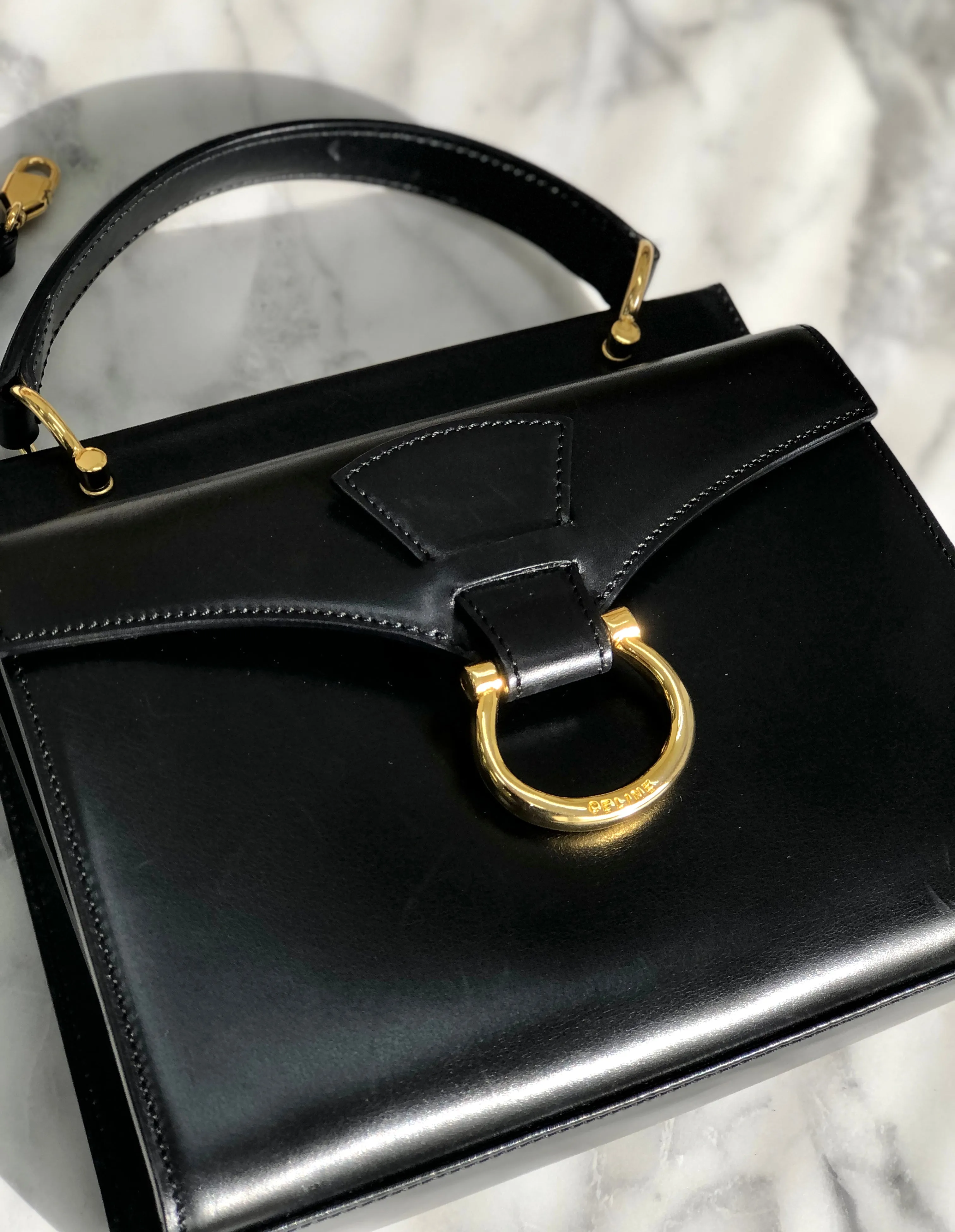 CELINE Horsebit Double face Handbag Shoulder bag Black Vintage Old Celine ainh7x