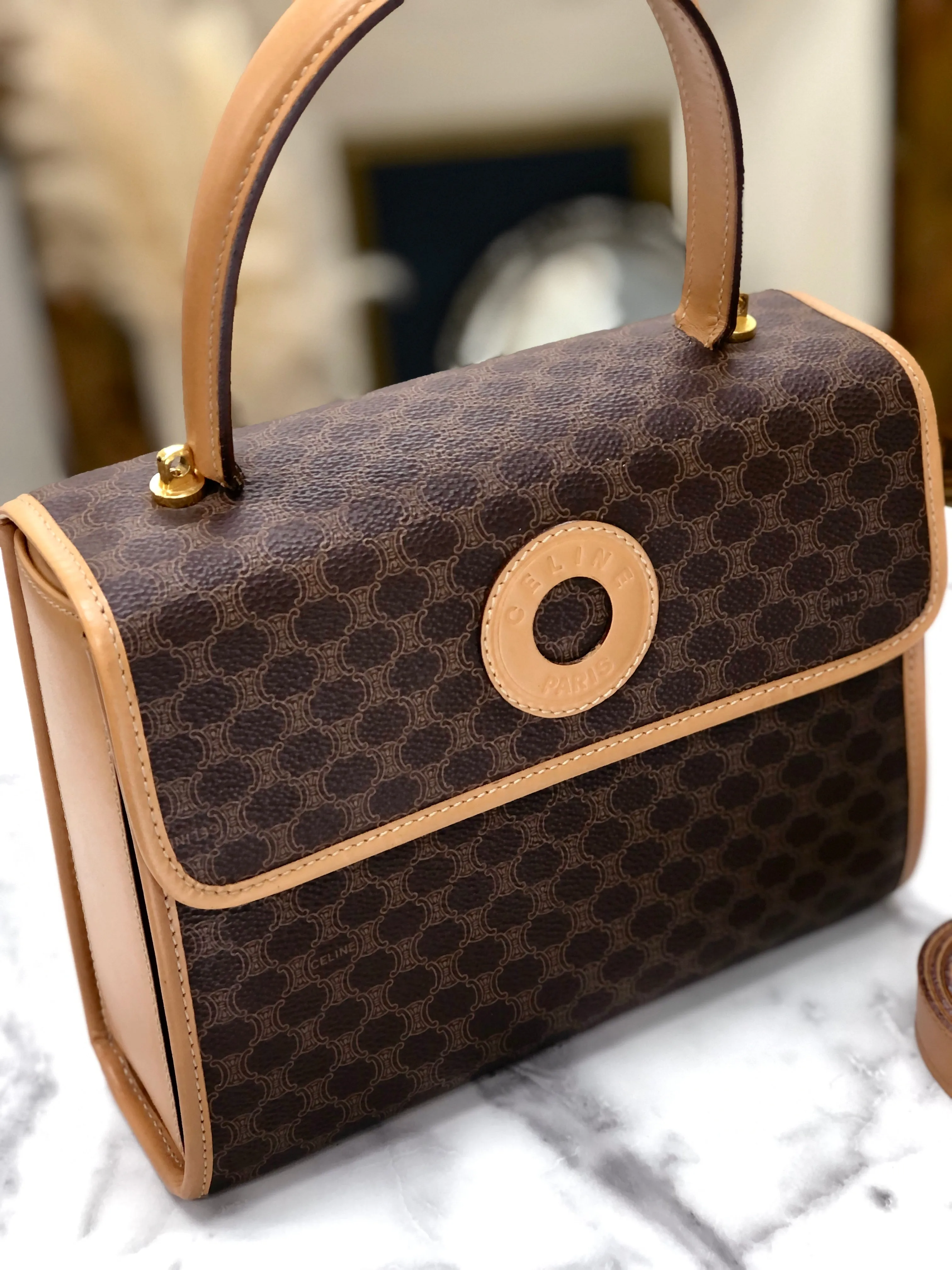 CELINE Macadam Circle logo Handbag Shoulder bag Brown Vintage Old CELINE nppexi