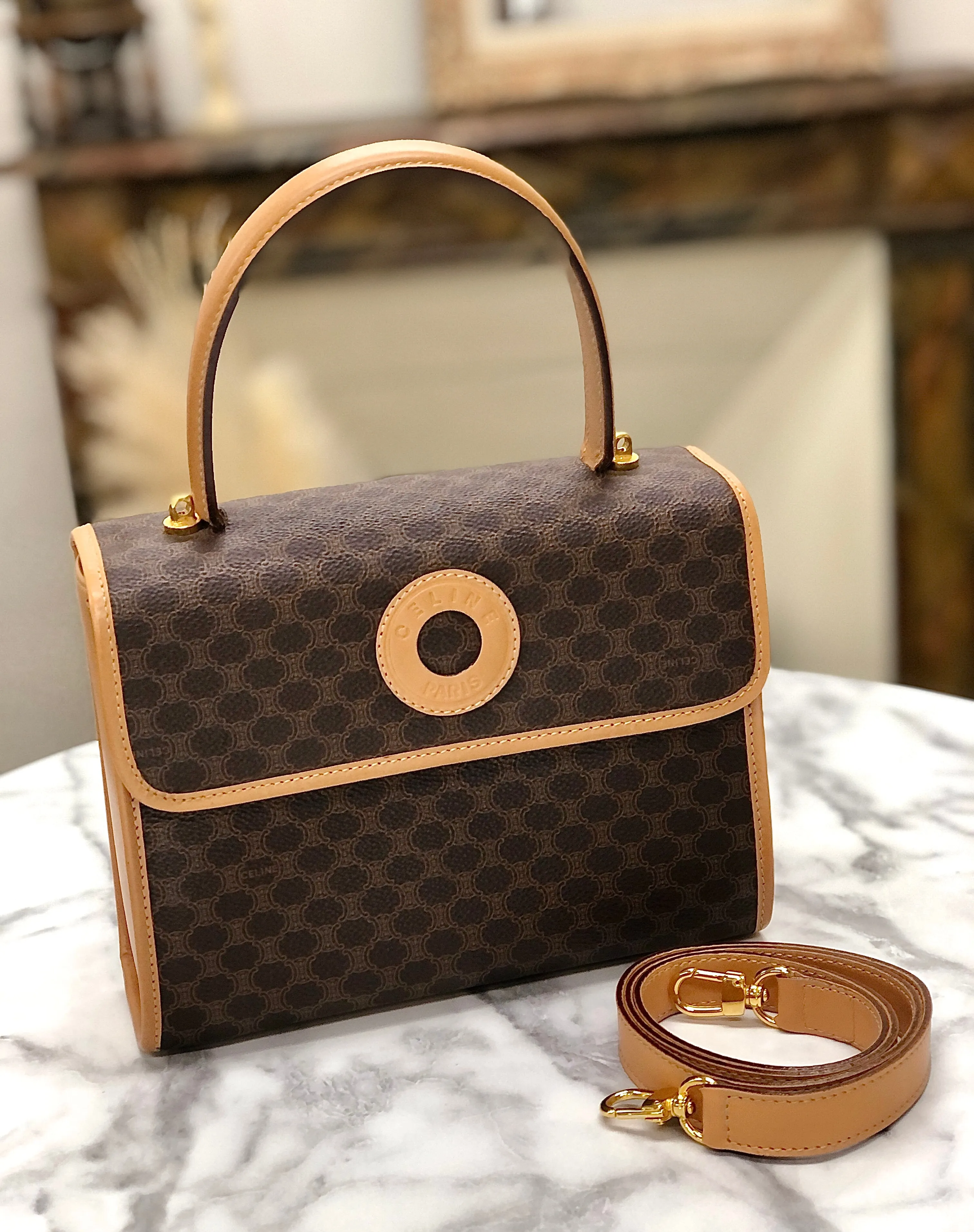 CELINE Macadam Circle logo Handbag Shoulder bag Brown Vintage Old CELINE nppexi