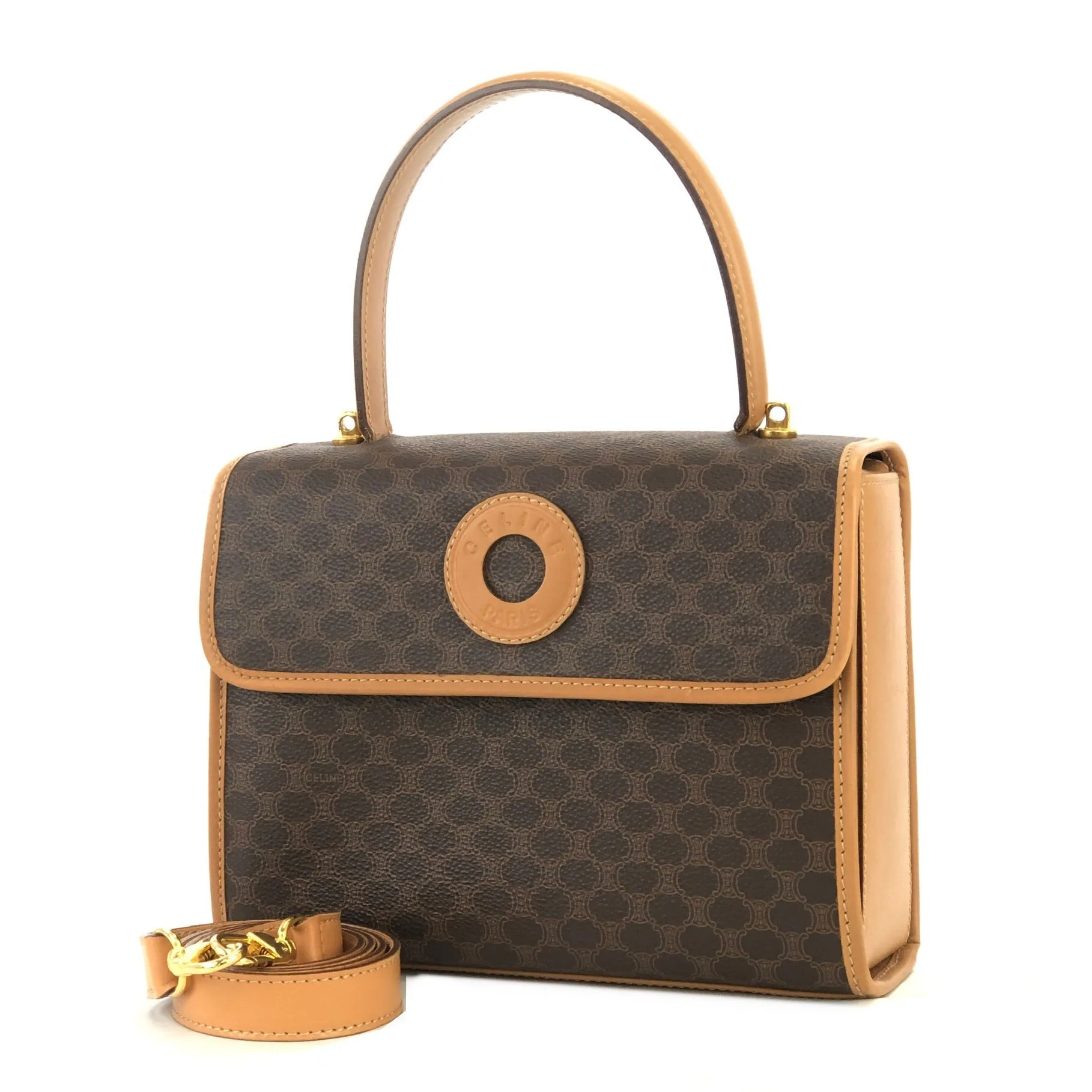 CELINE Macadam Circle logo Handbag Shoulder bag Brown Vintage Old CELINE nppexi