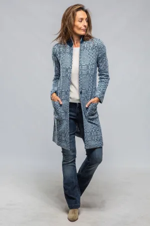 Elena Long Patchwork Coat/Cardigan In Blue & White