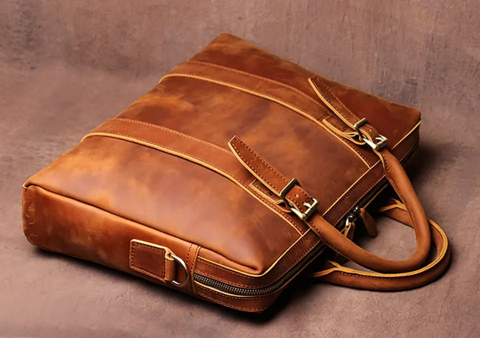 Men's Briefcase Crazy Horse Leather Office Briefcase in Brown, 15 inches