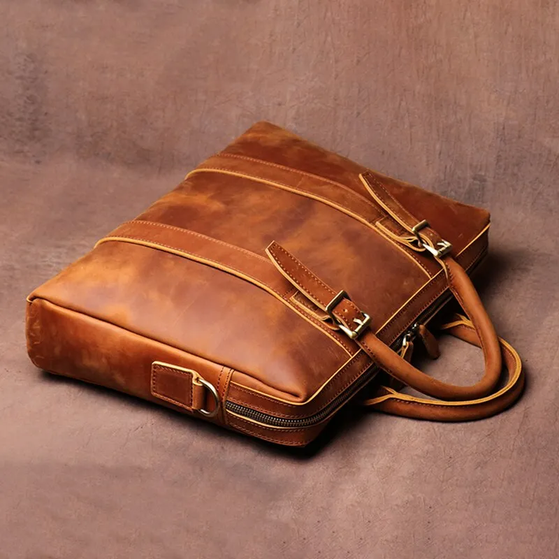 Men's Briefcase Crazy Horse Leather Office Briefcase in Brown, 15 inches