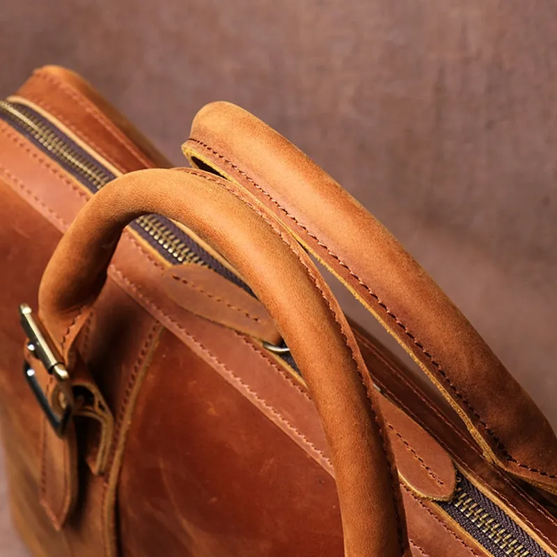 Men's Briefcase Crazy Horse Leather Office Briefcase in Brown, 15 inches