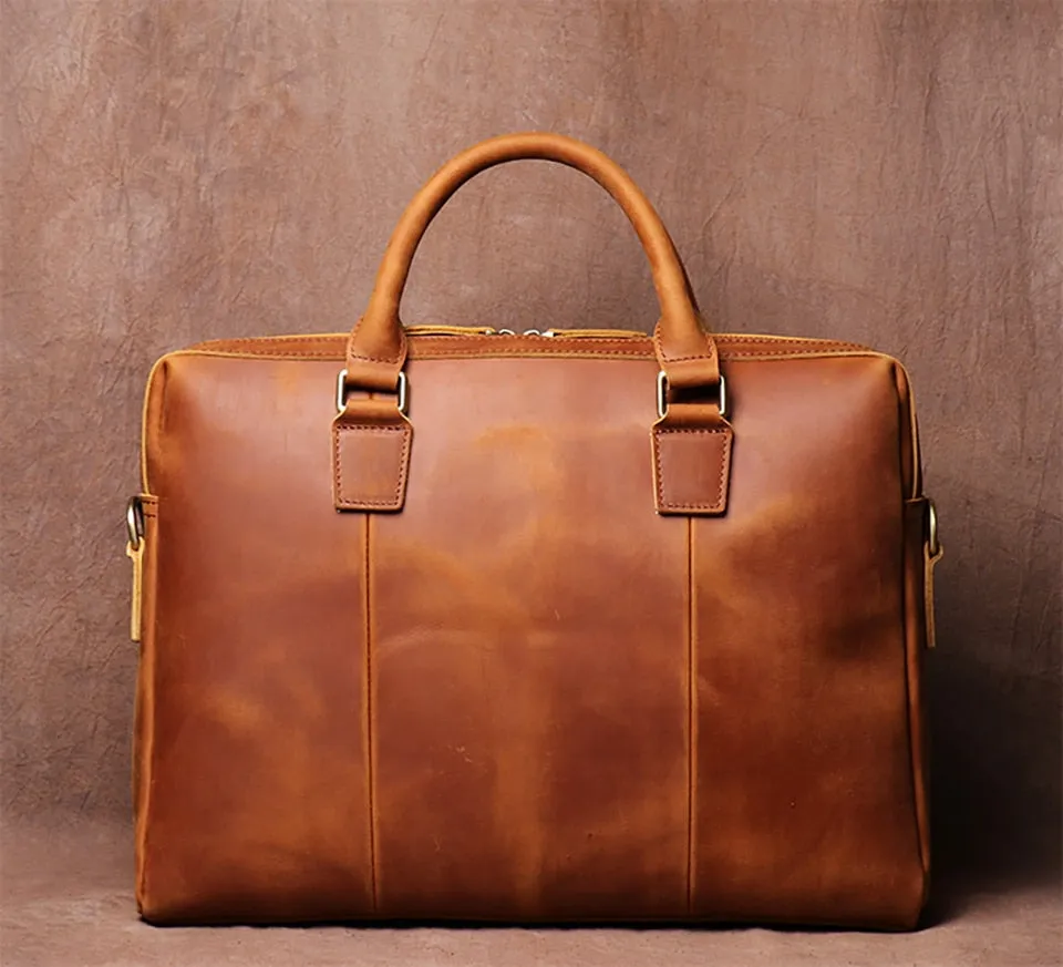 Men's Briefcase Crazy Horse Leather Office Briefcase in Brown, 15 inches