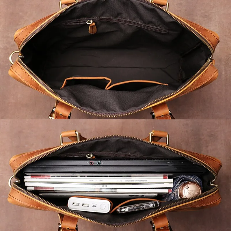 Men's Briefcase Crazy Horse Leather Office Briefcase in Brown, 15 inches