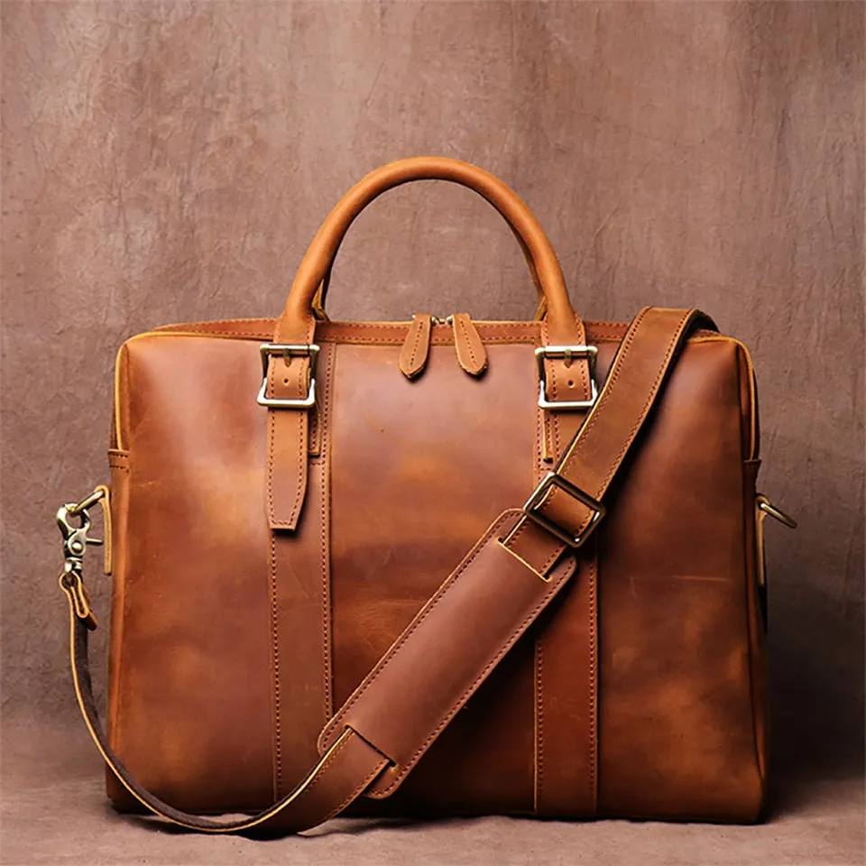 Men's Briefcase Crazy Horse Leather Office Briefcase in Brown, 15 inches