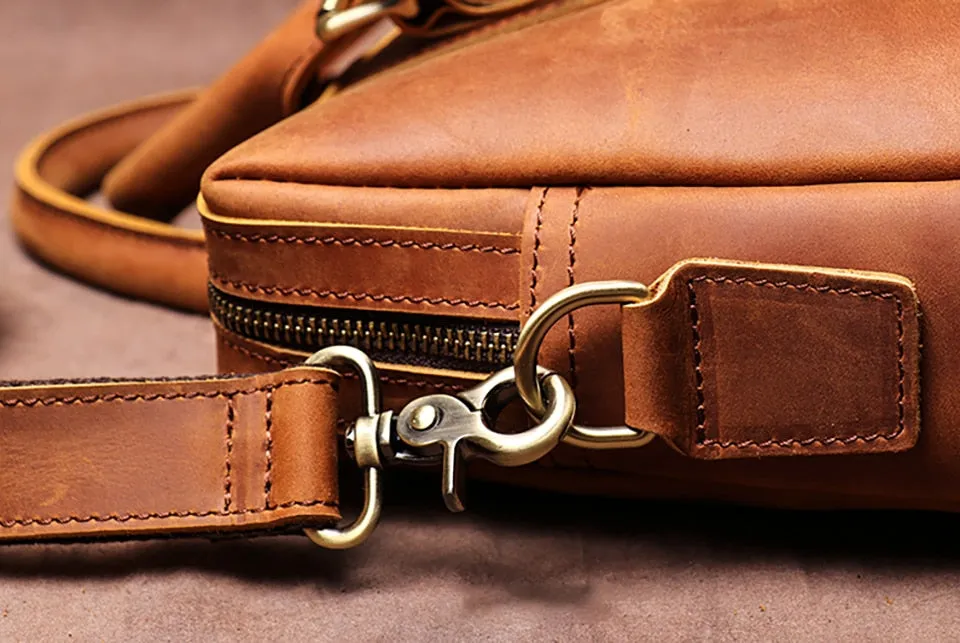 Men's Briefcase Crazy Horse Leather Office Briefcase in Brown, 15 inches
