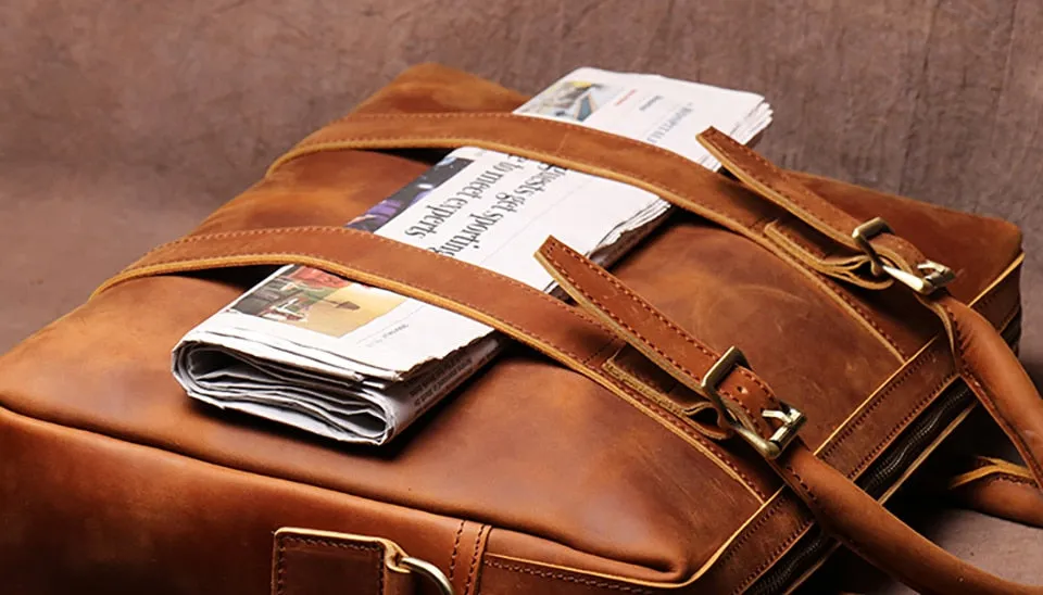 Men's Briefcase Crazy Horse Leather Office Briefcase in Brown, 15 inches