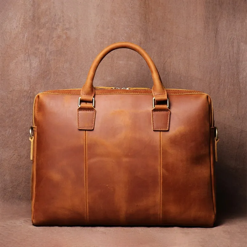 Men's Briefcase Crazy Horse Leather Office Briefcase in Brown, 15 inches