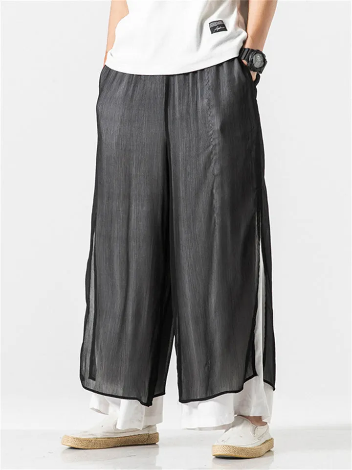 Men's Chinese Style Flowy Double Layer Mesh Cotton Pants
