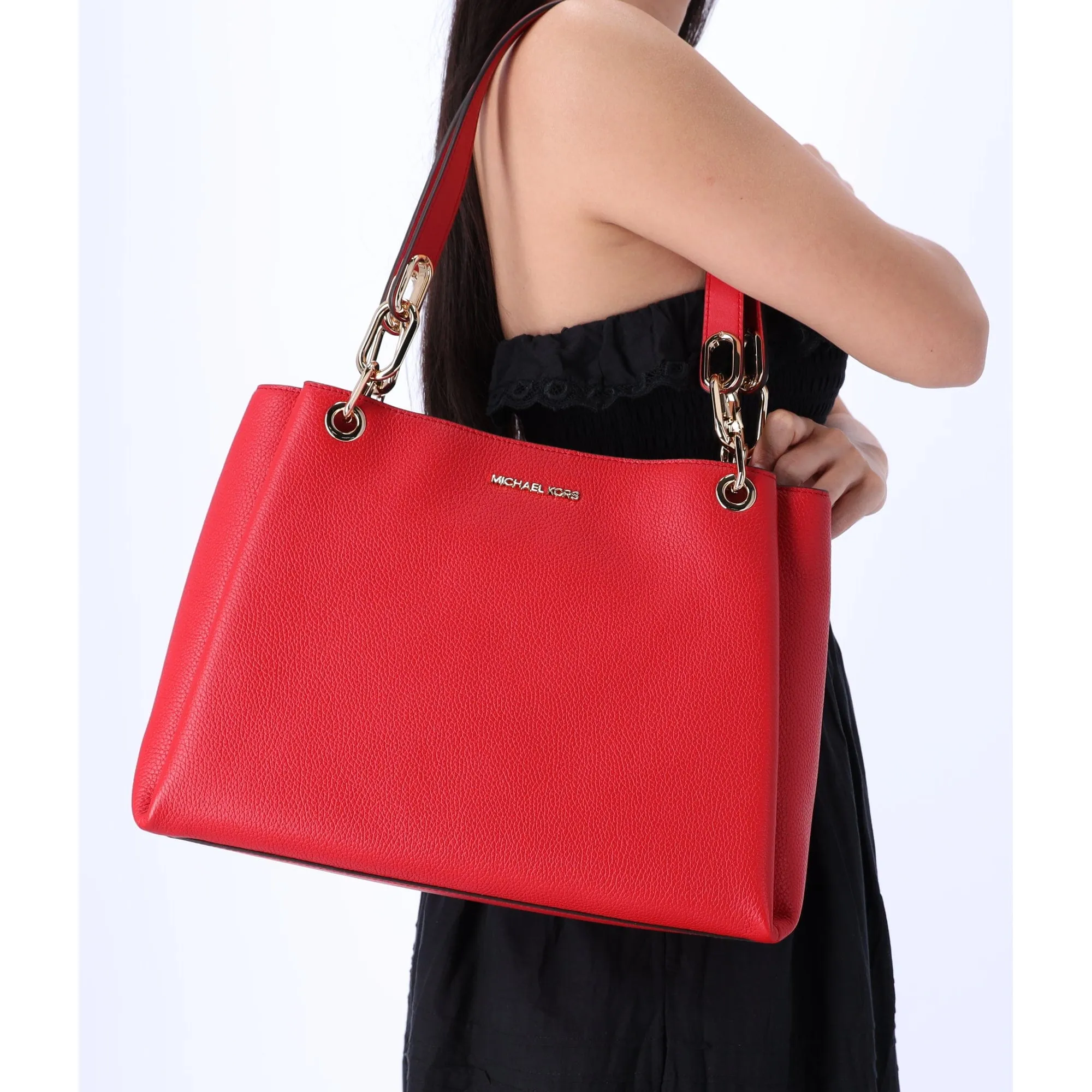 Michael Kors Trisha Large Triple Gusset Compartment Shoulder Tote Bright Red