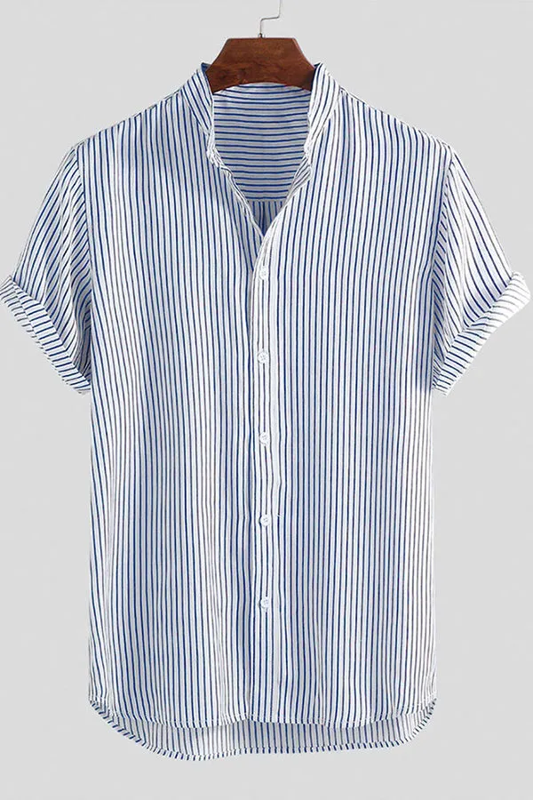 Striped Stand Collar Button Up Shirt