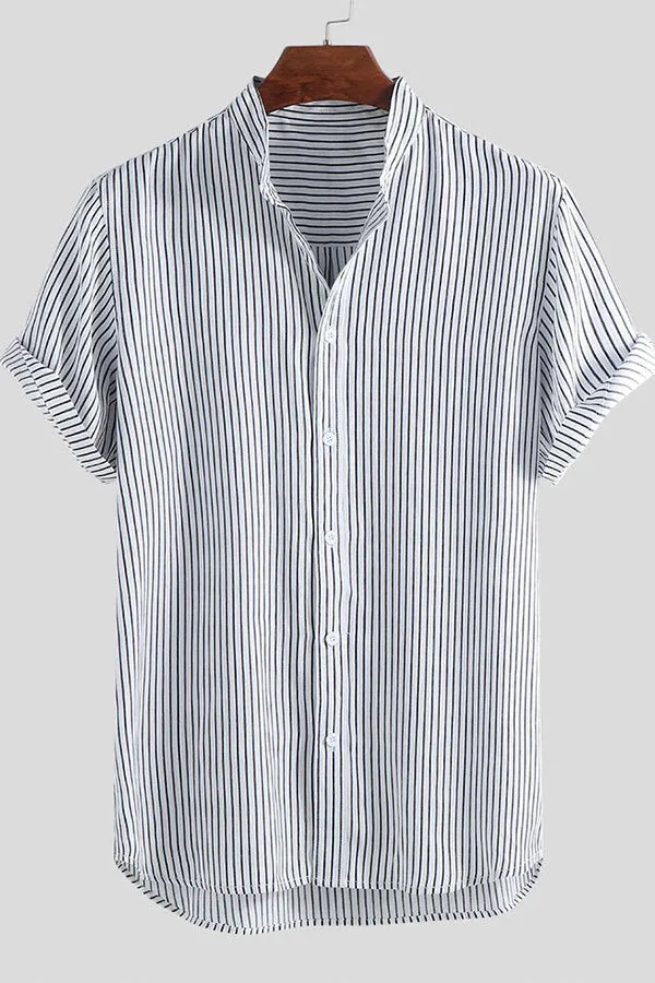 Striped Stand Collar Button Up Shirt