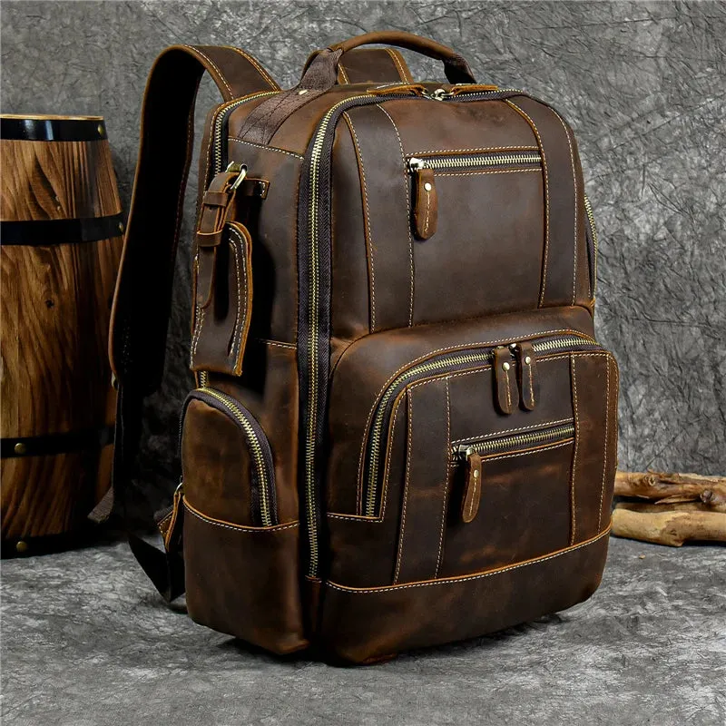 Vintage Men's Crazy Horse Leather Backpack - Genuine Leather