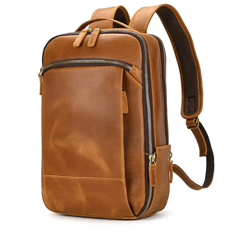 Vintage Men's Crazy Horse Leather Backpack - Genuine Leather