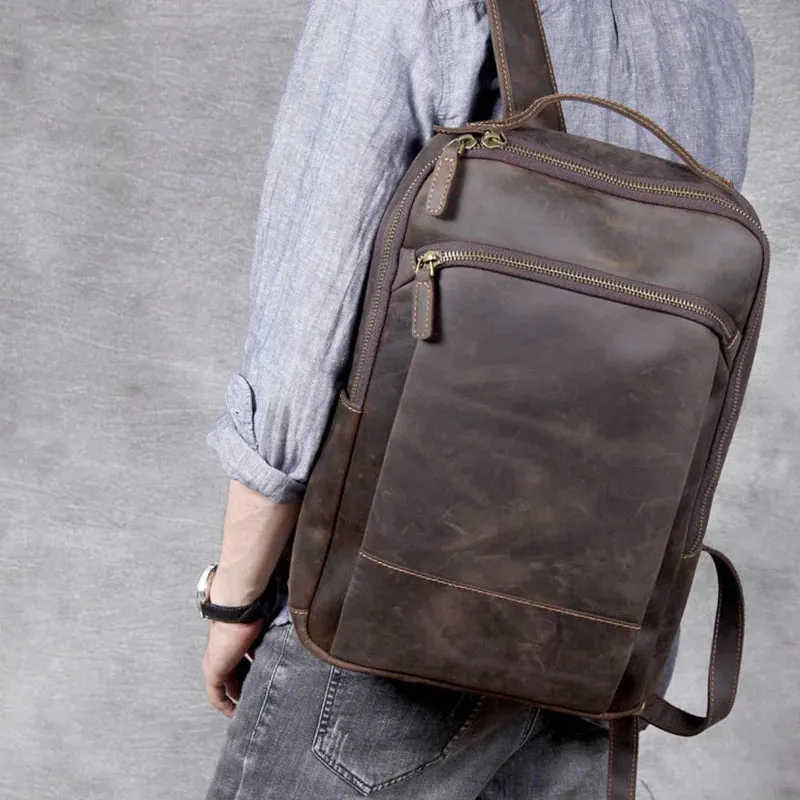 Vintage Men's Crazy Horse Leather Backpack - Genuine Leather