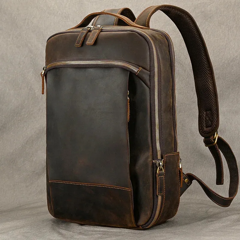 Vintage Men's Crazy Horse Leather Backpack - Genuine Leather