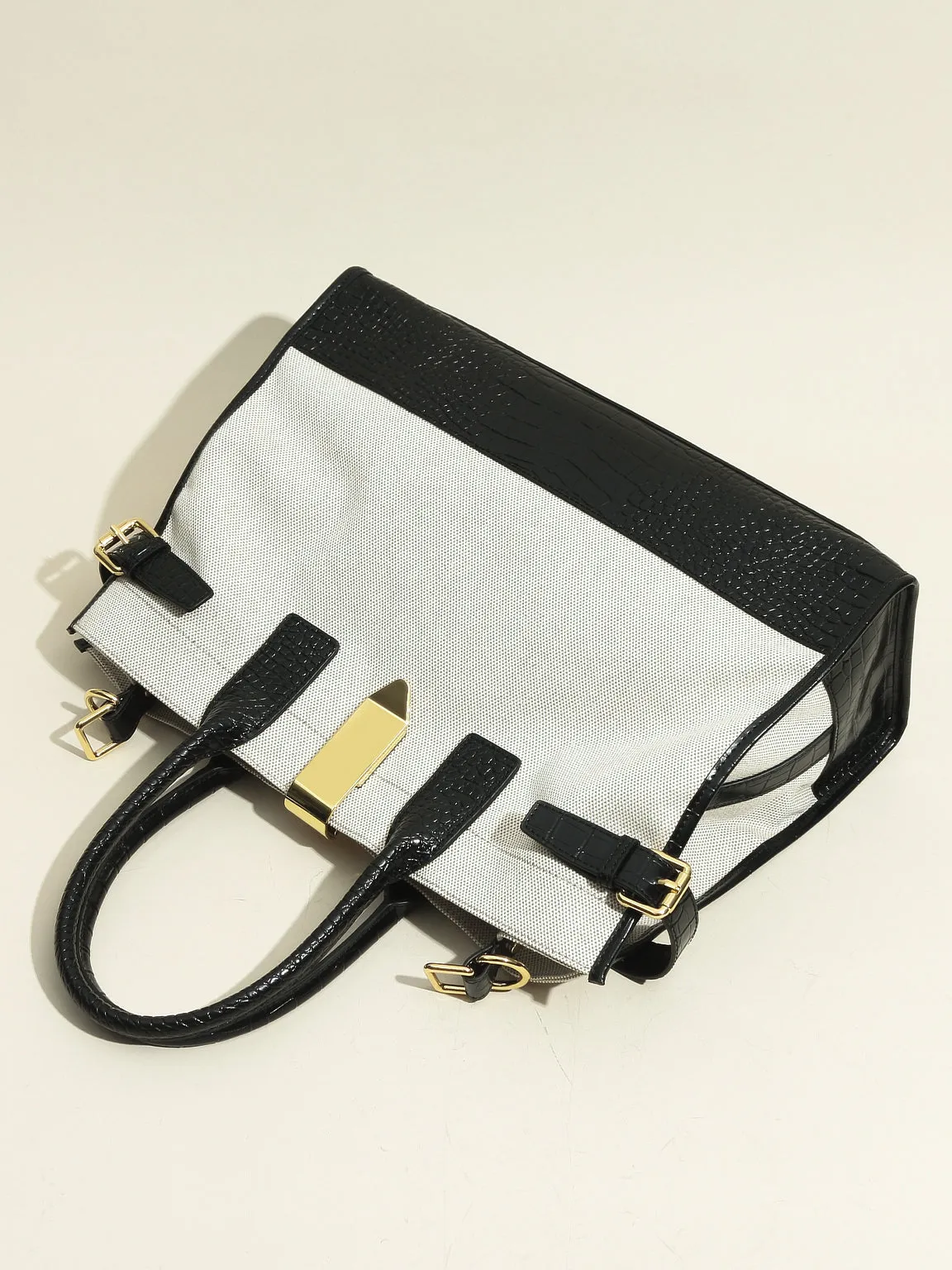 Women's Black Croc Linen Tote Bag Top Handle Detachable Strap Golden Detail