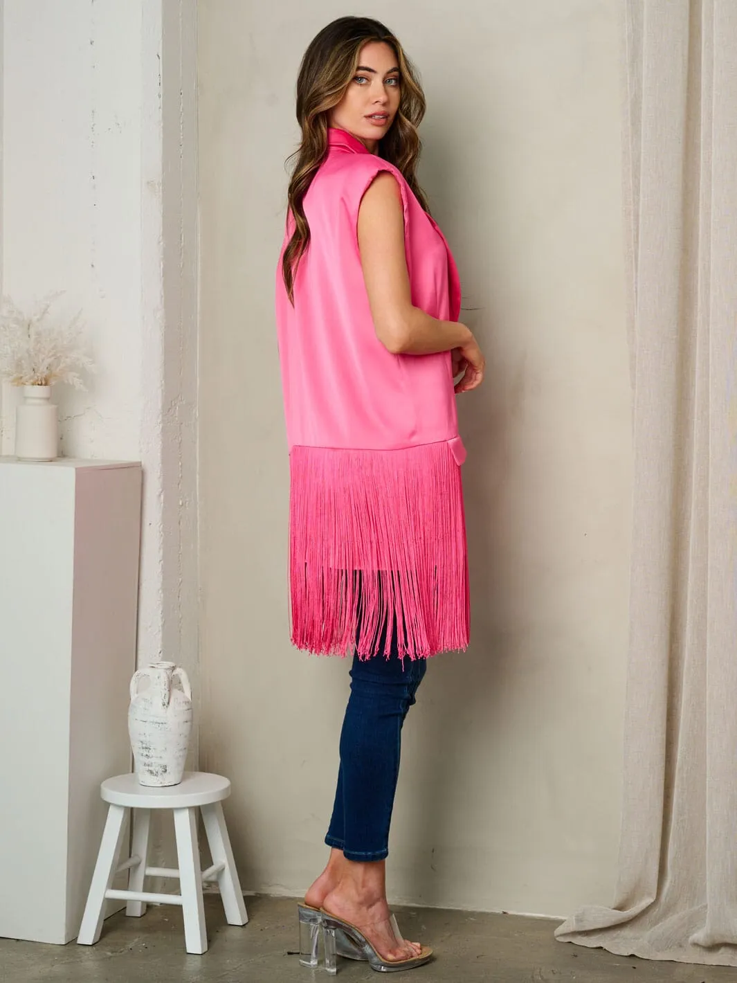 WOMEN'S SHOULDER PADDING BUTTON UP SATIN VEST