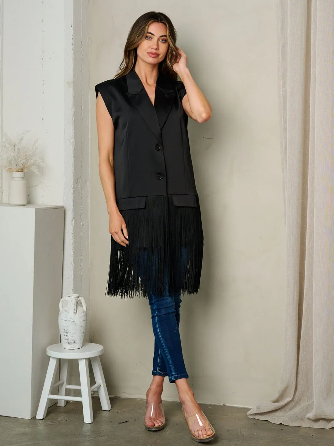 WOMEN'S SHOULDER PADDING BUTTON UP SATIN VEST